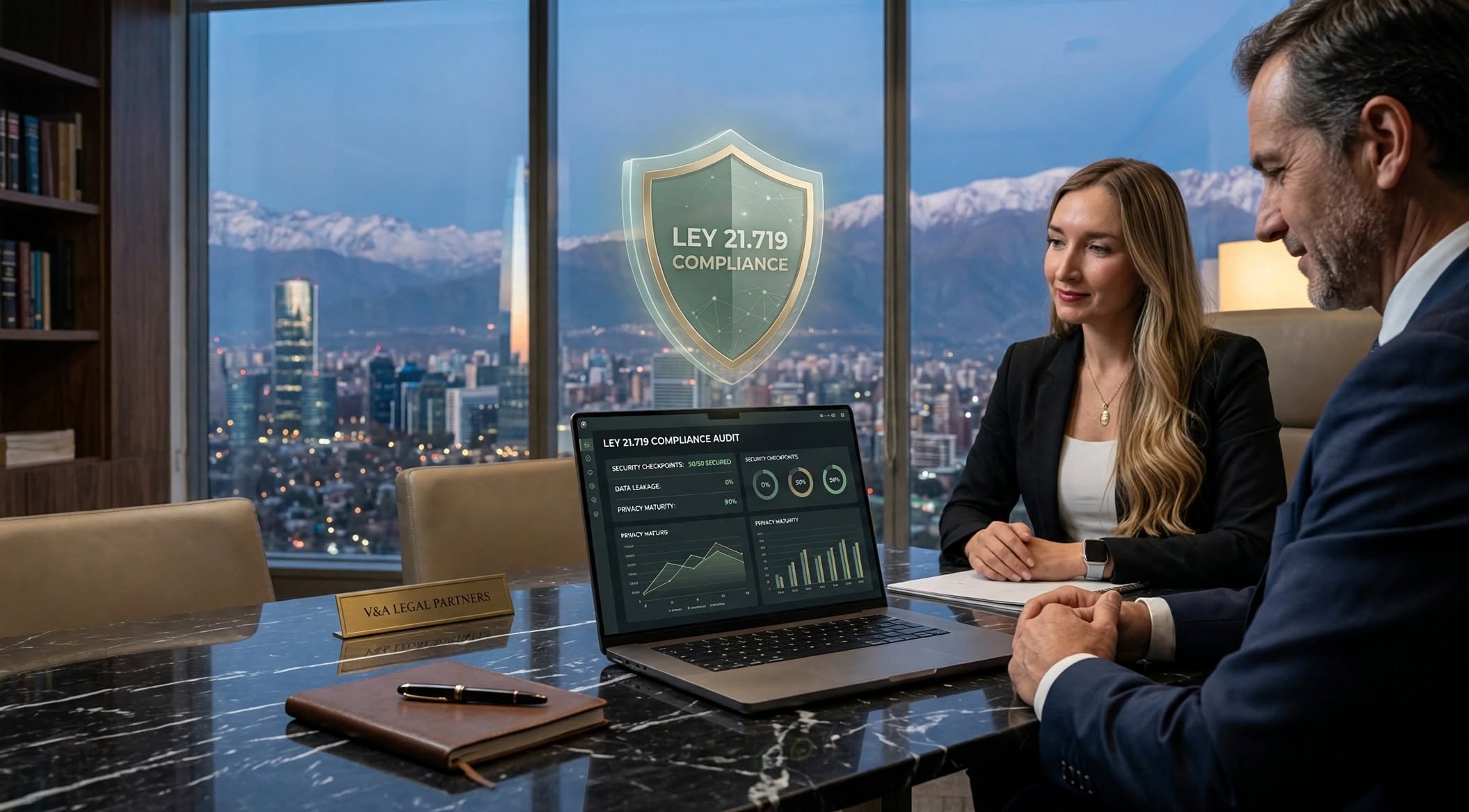 Auditoría Express Ley N° 21.719 — Dashboard forense de inspección digital en oficina ejecutiva en Santiago